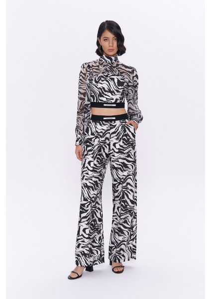 Zebra Desenli Beli Lastikli Tül Bluz Siyah modelleri