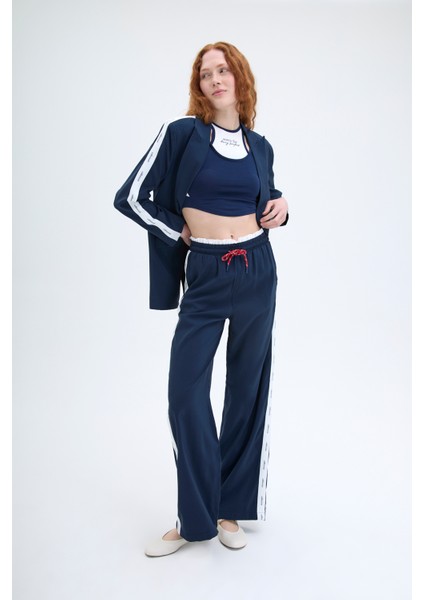 Şerit Yazı Baskılı Beli Lastikli Pantolon Lacivert modelleri