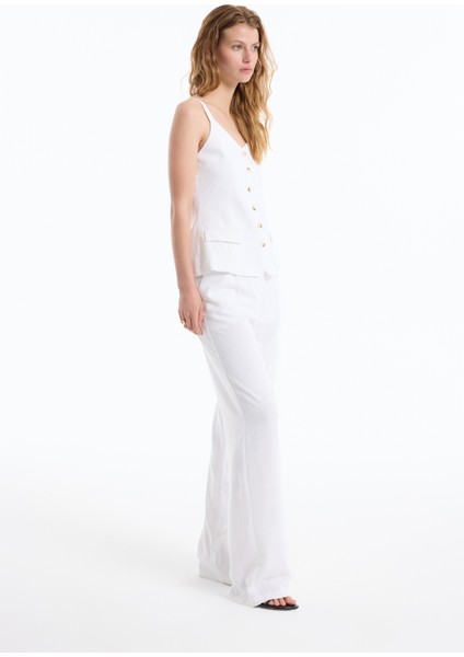 Yüksek Bel Keten Palazzo Pantolon Ekru modelleri