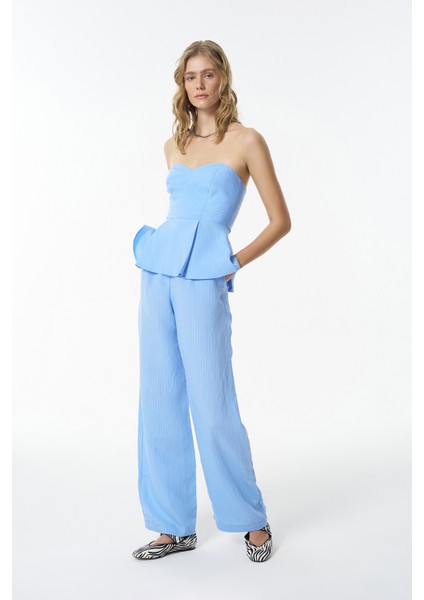 Ince Çizgili Yüksek Bel Pantolon Mavi modelleri