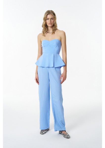 Ince Çizgili Yüksek Bel Pantolon Mavi fırsatları