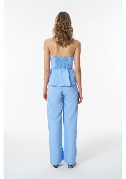 Ince Çizgili Yüksek Bel Pantolon Mavi indirimleri