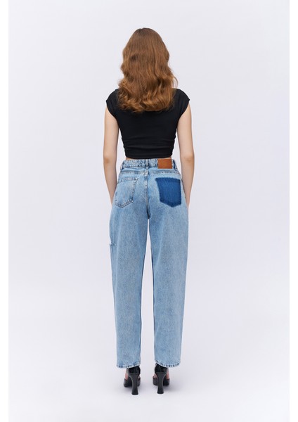 Yırtık Detaylı Bol Paça Denim Pantolon Mavi indirimleri