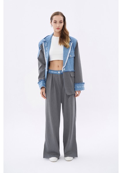 Beli Denim Yazılı Paçası Yırtmaçlı Pantolon Gri modelleri