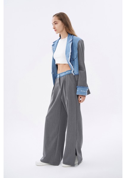 Beli Denim Yazılı Paçası Yırtmaçlı Pantolon Gri fırsatları