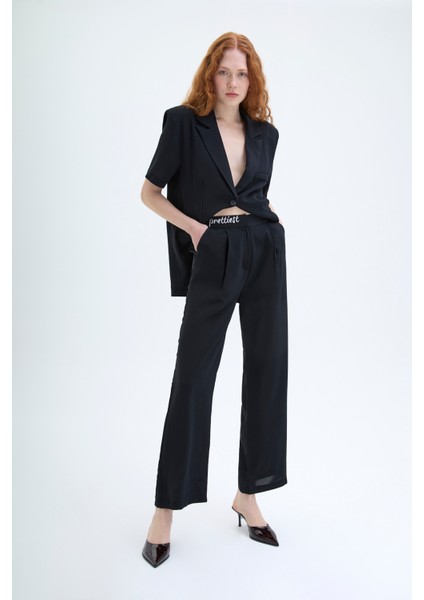 Beli Yazı Baskılı Bol Paça Pantolon Siyah modelleri