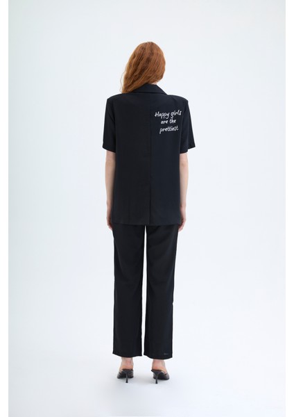 Beli Yazı Baskılı Bol Paça Pantolon Siyah indirimleri