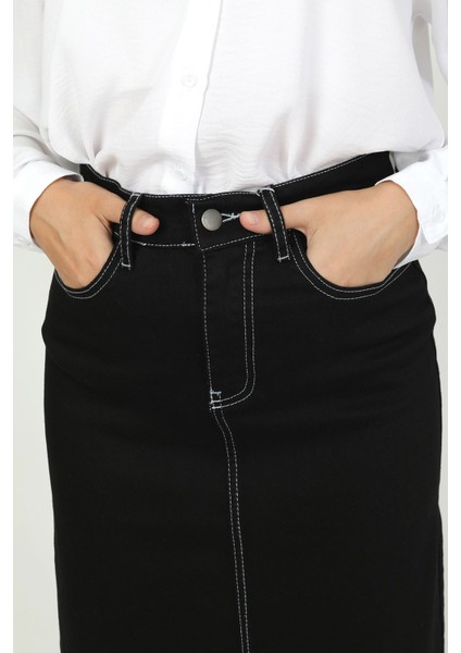 Doğal Kumaşlı Kontrast Dikişli Kot Etek