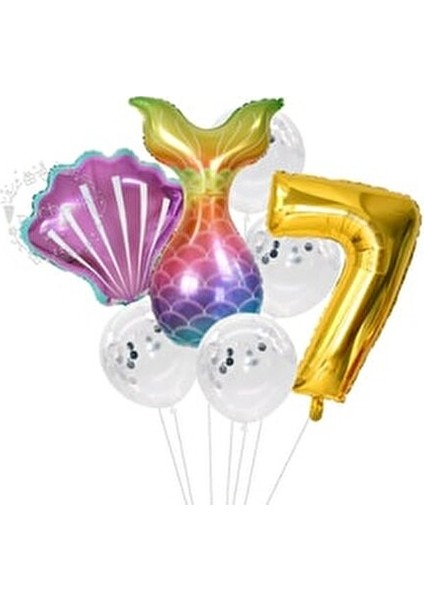 Deniz Kızı Balon 7li Set ( Denizkızı Deniz Kabuğu Rakam Balon ve Pullu Şeffaf Balon Buketi )