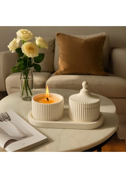 Lüks Kapaklı Beton Mum Seti – Ahşap Fitilli & El Yapım