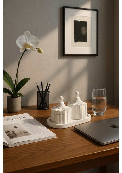 Lüks Kapaklı Beton Mum Seti – Ahşap Fitilli & El Yapım