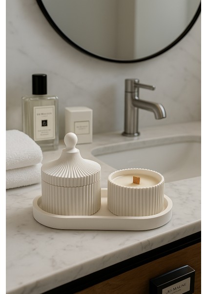 Lüks Kapaklı Beton Mum Seti – Ahşap Fitilli & El Yapım