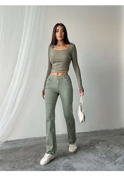 Su Yeşili Püskül Paça Detaylı Slim Kadın Pantolon
