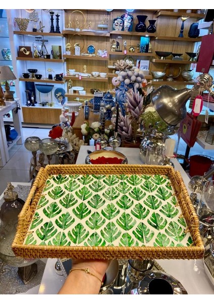 Yeşil Yaprak Dikdörtgen Rattan Tepsi 32X24CM