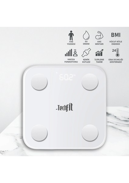 TF-1074 Dijital Baskül Yağ Ölçer Fonksiyonlu Vücut Analizli Akıllı Baskül Bluetooth Tartı- Beyaz modelleri