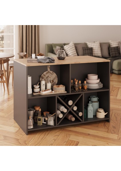 Monet G4022 3 Adet Bar Tabureli Mutfak Adası Antrasit Gövde Sepet Üst Şaraplıklı Çok Amaçlı Dolap modelleri