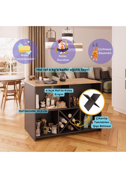 Monet G4022 3 Adet Bar Tabureli Mutfak Adası Antrasit Gövde Sepet Üst Şaraplıklı Çok Amaçlı Dolap fırsatları