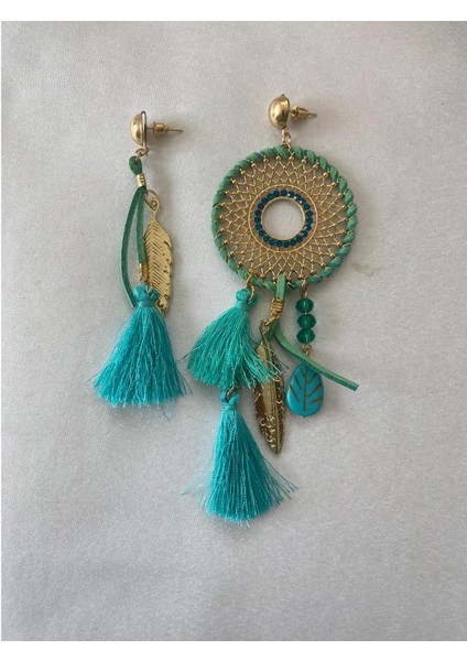 Püsküllü Küpe Turkuaz Taşlı