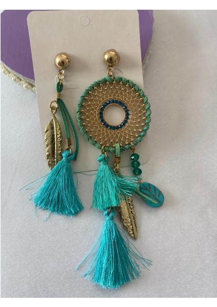 Püsküllü Küpe Turkuaz Taşlı modelleri