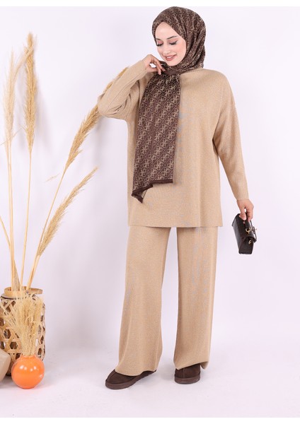 18197 Simli Triko Tunik Pantolon Takım Taba
