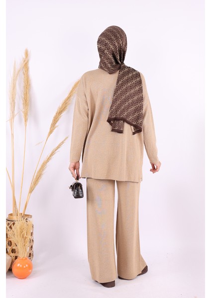 18197 Simli Triko Tunik Pantolon Takım Taba modelleri