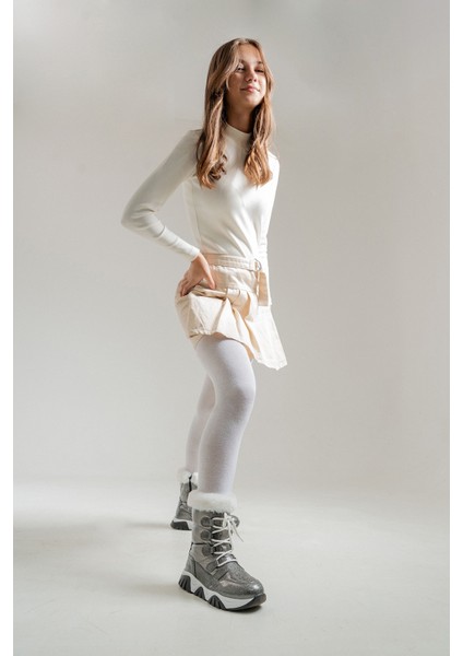 Kız Çocuk Platin Simli Rugan Deri Suya Dayanıklı Günlük Bot