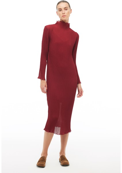 Bordo Balıkçı Yaka Midi Elbise