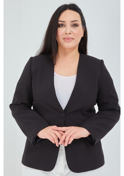 Kadın Büyük Beden V Yaka Tek Düğmeli Ceket