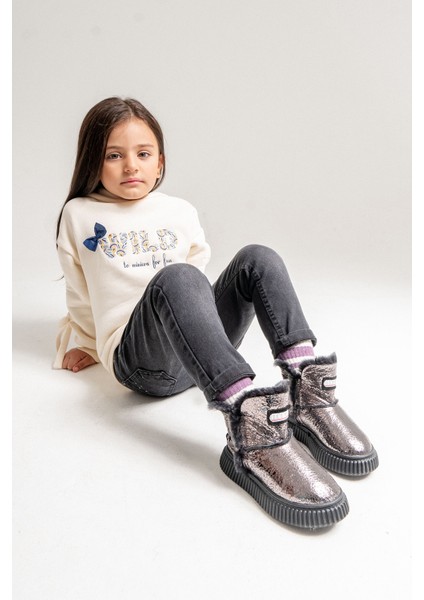 Kız Çocuk Platin Hakiki Deri Hakiki Kürklü Suya Dayanıklı Bot