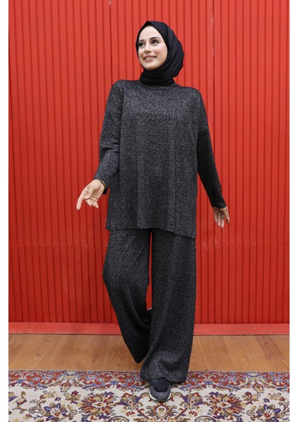 18197 Simli Triko Tunik Pantolon Takım Siyah-Gümüş