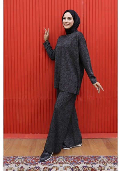 18197 Simli Triko Tunik Pantolon Takım Siyah-Gümüş fiyatları
