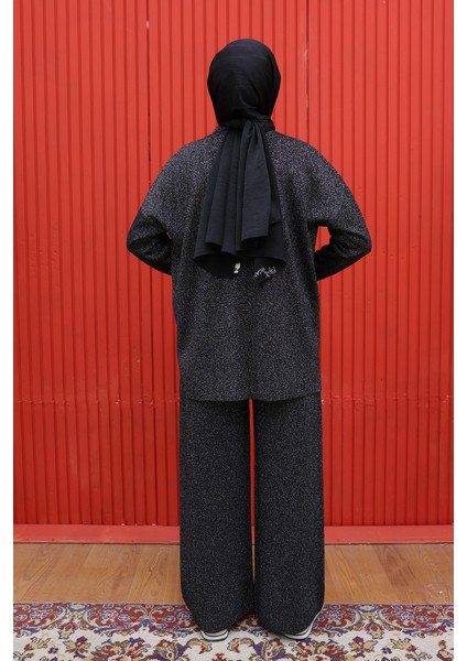 18197 Simli Triko Tunik Pantolon Takım Siyah-Gümüş modelleri