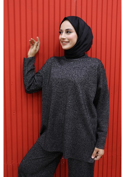 18197 Simli Triko Tunik Pantolon Takım Siyah-Gümüş fırsatları