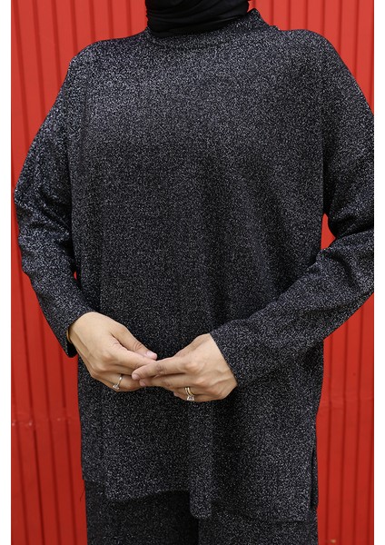 18197 Simli Triko Tunik Pantolon Takım Siyah-Gümüş indirimleri