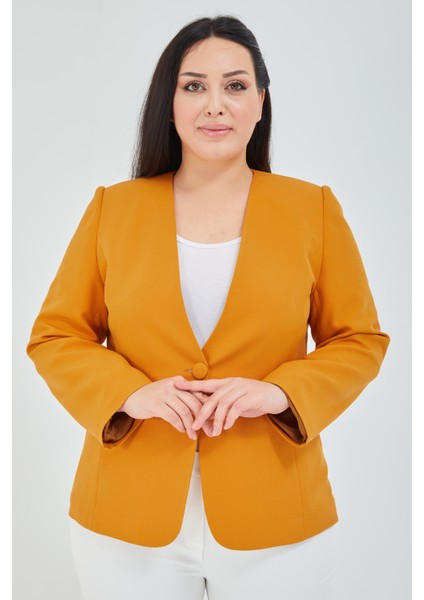 Kadın Büyük Beden V Yaka Tek Düğmeli Ceket