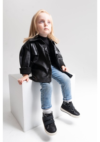 Kız Çocuk Siyah Hakiki Deri Suya Dayanıklı Anatomik Günlük Bot