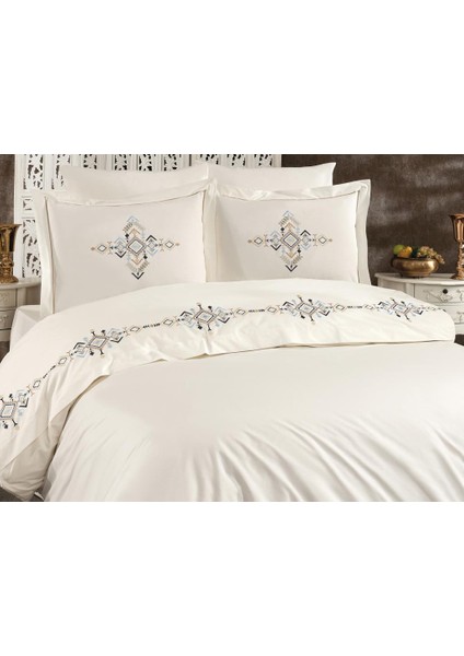 Alya Nakışlı Çift Kişilik Nevresim Takımı Krem - Lacivert