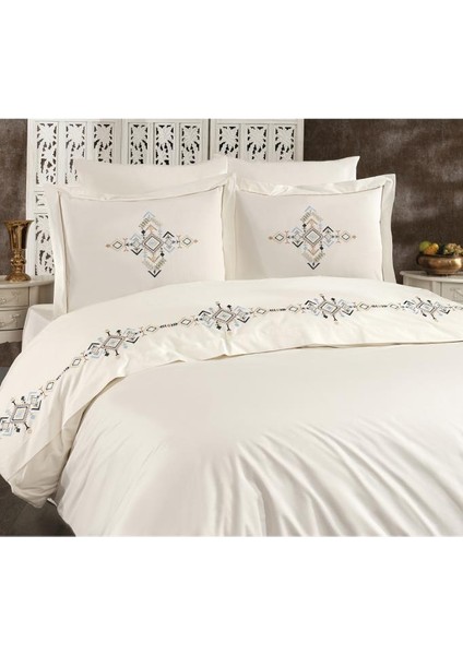 Alya Nakışlı Çift Kişilik Nevresim Takımı Krem - Lacivert modelleri