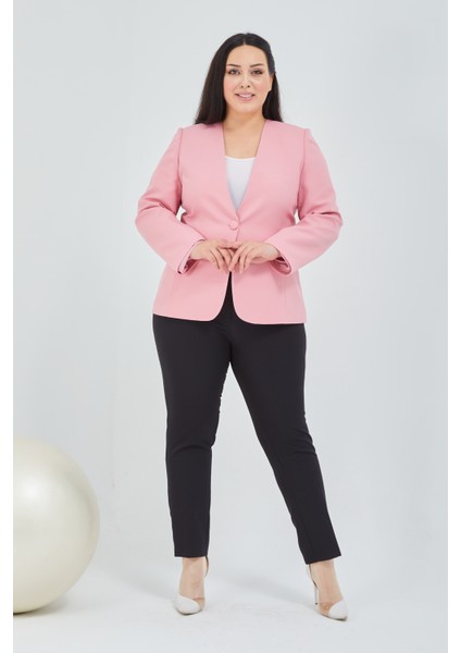 Kadın Büyük Beden V Yaka Tek Düğmeli Ceket