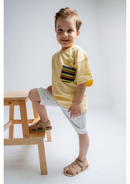 Unisex Çocuk Bej Hakiki Deri Mantar Tabanlı Günlük Çocuk Sandalet