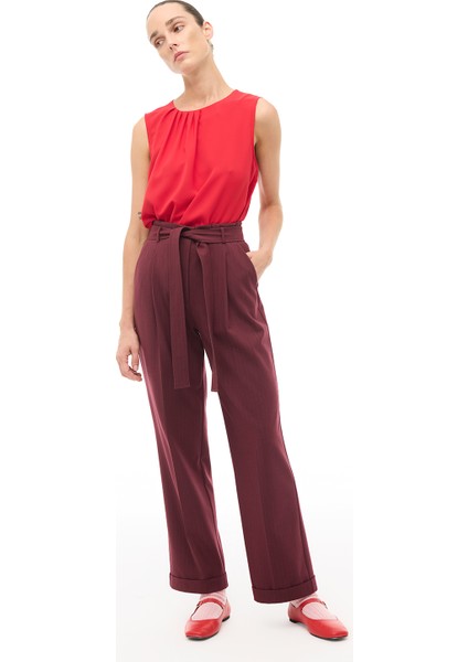 Bordo Yüksel Bel Boru Paça Pantolon