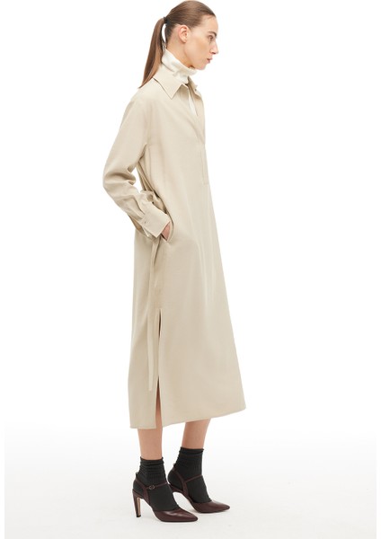 Bej Gömlek Yaka Midi Elbise modelleri