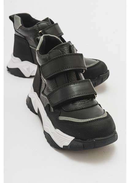 Erkek Çocuk Siyah Hakiki Deri Suya Dayanıklı Günlük Bot