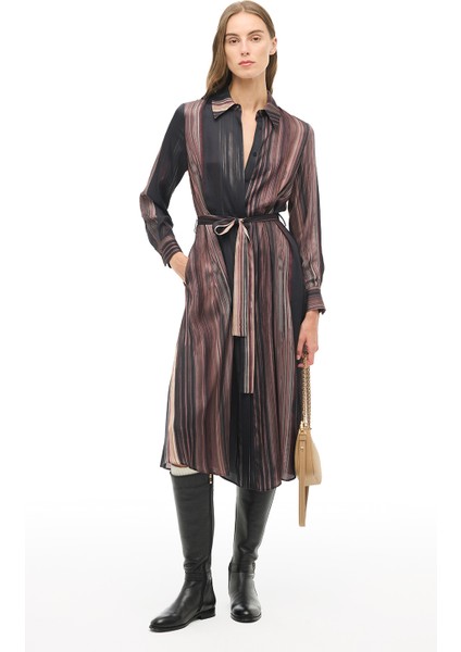 Çok Renkli Çizgili Gömlek Yaka Midi Elbise