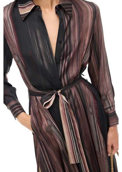 Çok Renkli Çizgili Gömlek Yaka Midi Elbise fiyatları