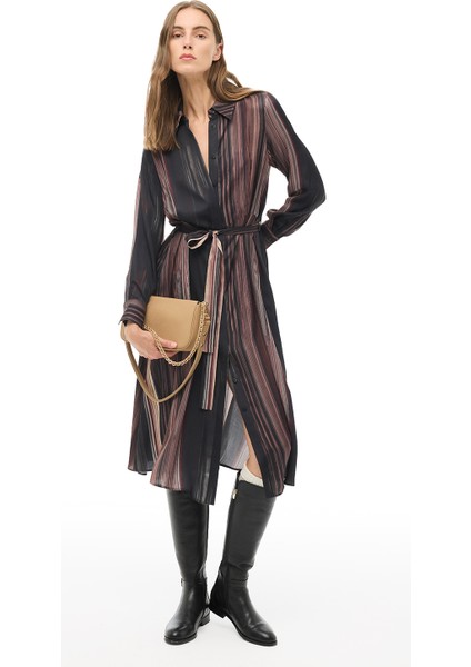 Çok Renkli Çizgili Gömlek Yaka Midi Elbise modelleri