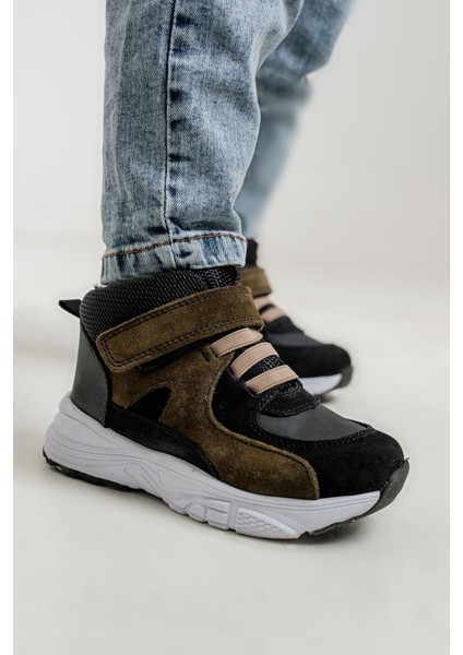 Erkek Çocuk Siyah-Haki Hakiki Deri Suya Dayanıklı Anatomik Günlük Bot