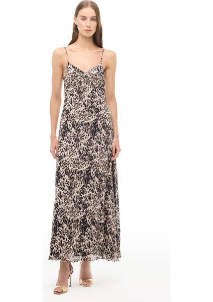 Kahverengi V-Yaka Uzun Elbise