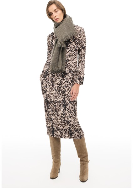 Kahverengi Bisiklet Yaka Leopar Midi Elbise modelleri