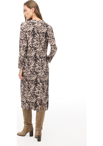 Kahverengi Bisiklet Yaka Leopar Midi Elbise fırsatları